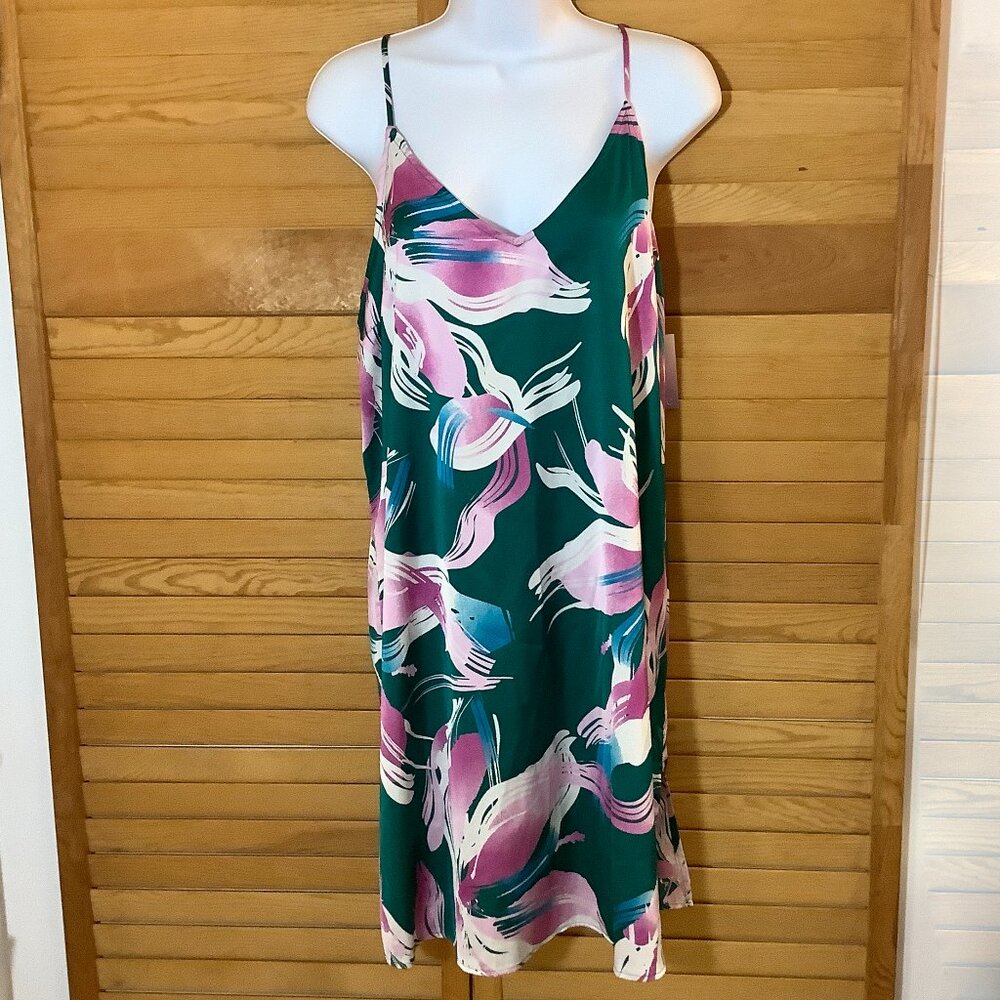 stars above Teal Floral Satin Slip Dress Nightgown in Teal, Pink, White